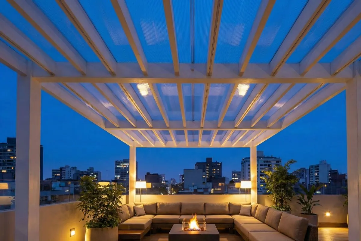 Vista panoramica de terraza con pergola sol y sombra