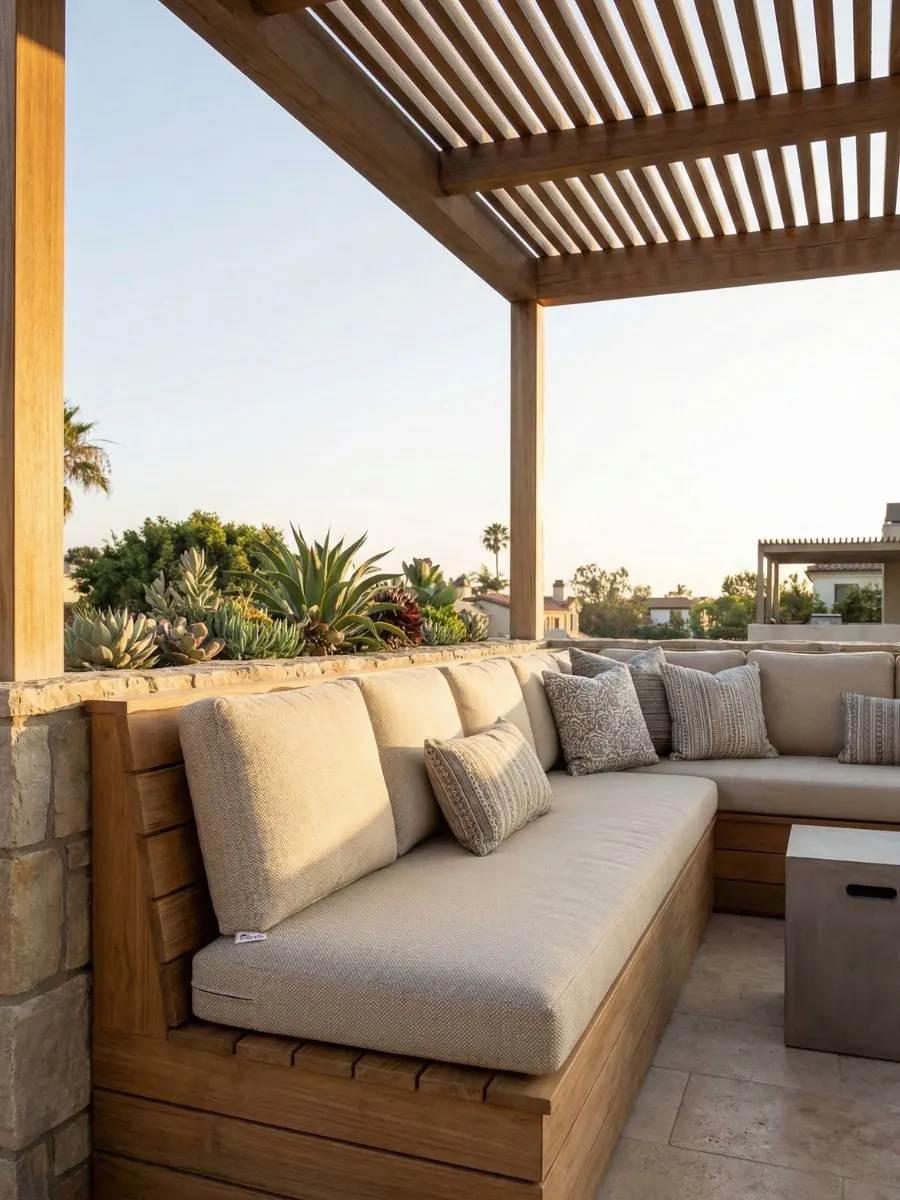 Mobiliario a medida para exteriores: bancas empotradas y tejidos resistentes.